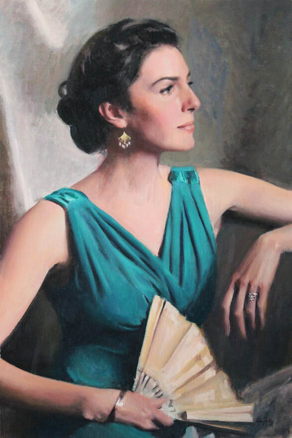Formal oil portrait of Deirdre in the Boston School style