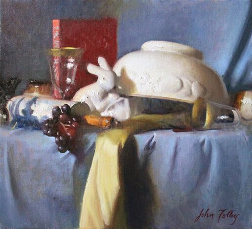 Oil on Canvas, 'Della Robbia Blue Bunny' Still Life by John Folley